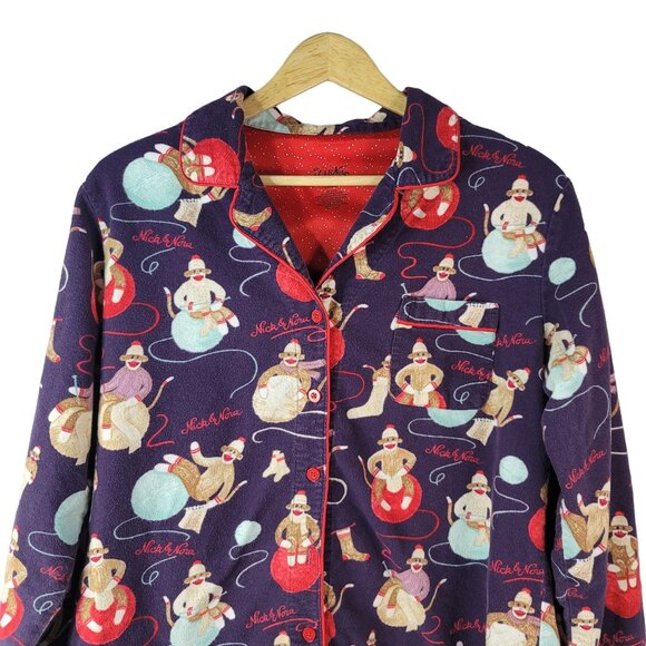 Nick & Nora Sock Monkey Flannel Pajama Set Blue Large Long Sleeve Pants Pull On - Picture 3 of 13